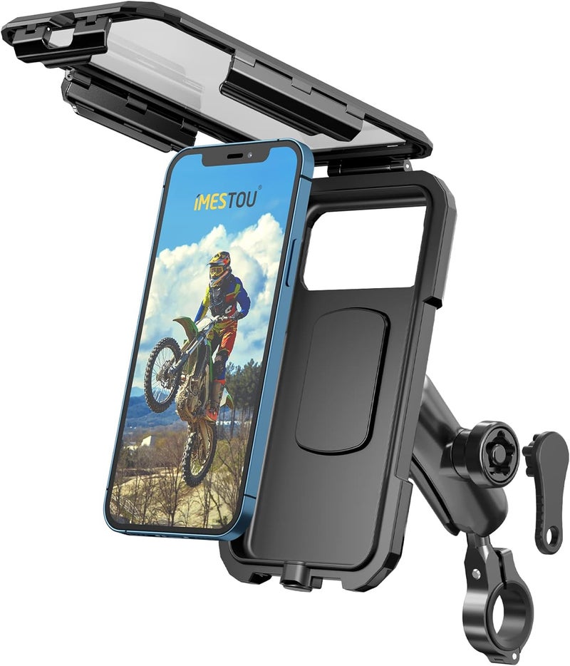 iMESTOU Anti-Theft Waterproof Motorcycle Phone Holder Bike Phone Mount 1" Ball Handlebar Stem Mobile Holder with Double Socket Arms 720° Rotation Aluminium Base for 5.5"-6.8" Cellphones (L) - Image 1
